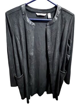 Isaac mizrahi Black Leather-Trim Perforated Floral Long Jacket